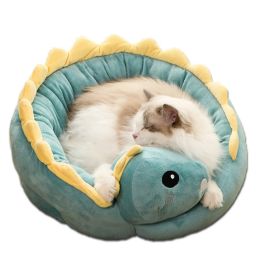 Cartoon Animals Shape Cute  Duck Cat Bed With Summer Mat Round Cat House Kennel Cushion Four Seasons Universal (Color: Green Dinosaur)