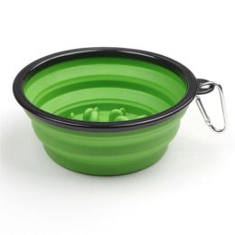 Portable Pet Feeder Travel Foldable Pet Dog Bowl Silicone Collapsible Slow 350ml/1000ml Feeding Bowl (Color: green)